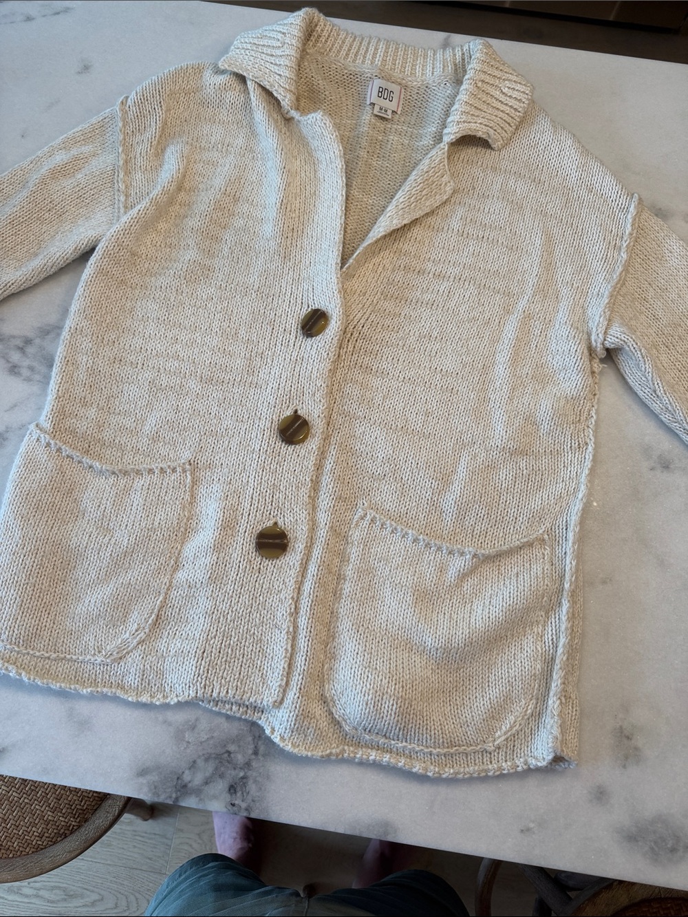 BDG Cream Collared Button-Up Knit Cardigan